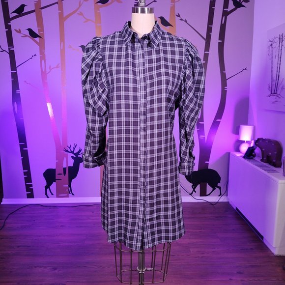WORN ONCE ASOS BooHoo Blue Plaid Leg of Mutton Sleeve Buttondown Shirt Dress 80s - Picture 3 of 9